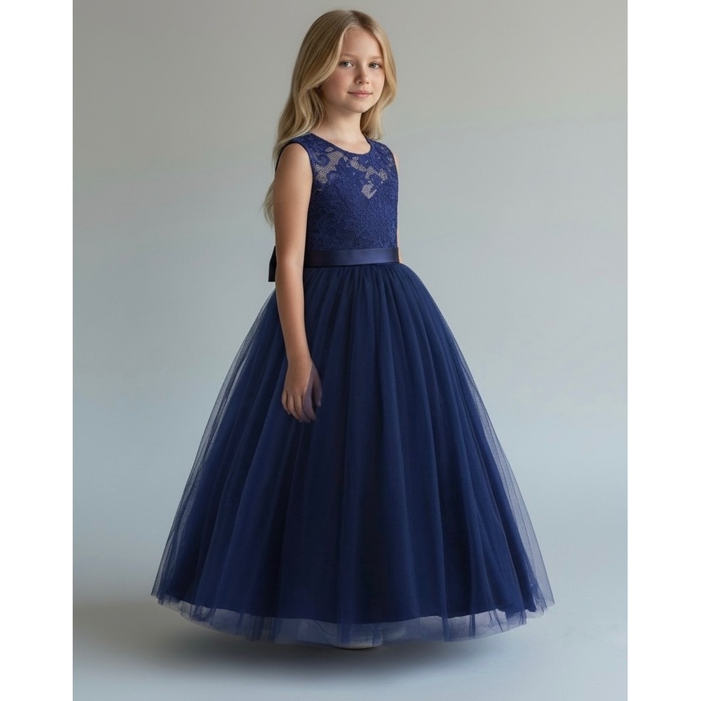 NEW Glamulice Navy Blue Lace Tulle Flower Girl Dress Size 8 Formal Gown